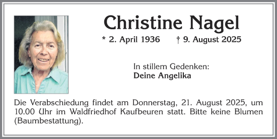 Traueranzeige von Christine Nagel von Allgäuer Zeitung, Kaufbeuren/Buchloe