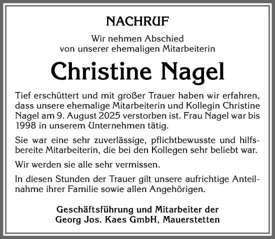 Traueranzeige von Christine Nagel von Allgäuer Zeitung, Kaufbeuren/Buchloe