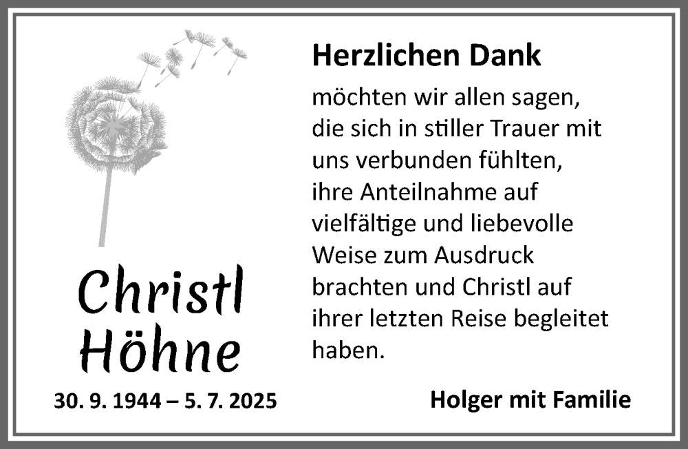 Traueranzeige für Christl Höhne vom 09.08.2025 aus Allgäuer Zeitung, Füssen