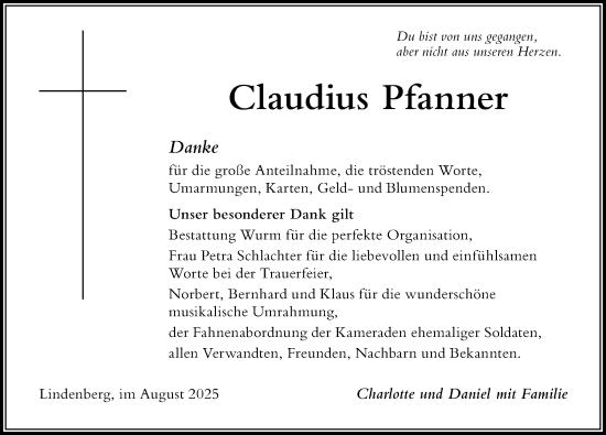 Traueranzeige von Claudius Pfanner von Der Westallgäuer