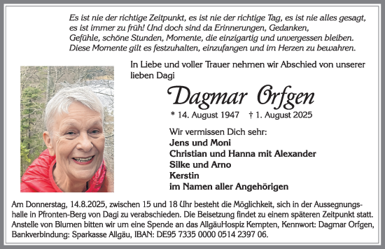 Traueranzeige von Dagmar Orfgen von Allgäuer Zeitung, Füssen