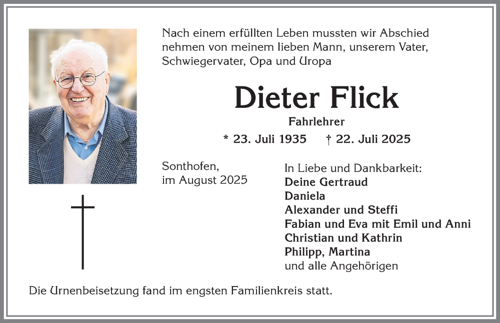  Traueranzeige für Dieter Flick vom 09.08.2025 aus Allgäuer Anzeigeblatt