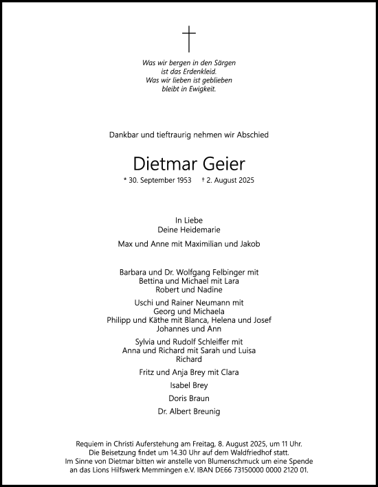 Traueranzeige von Dietmar Geler von Memminger Zeitung