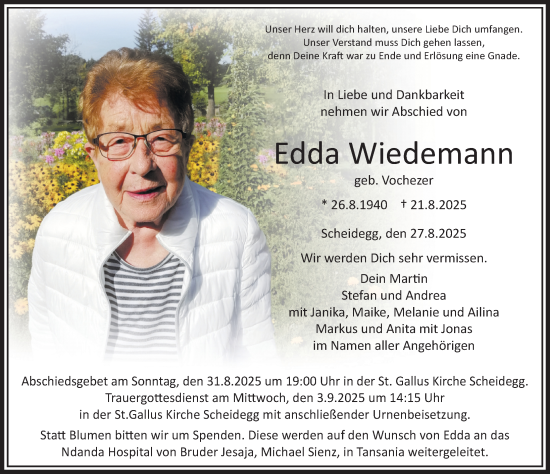 Traueranzeige von Edda Wiedemann von Der Westallgäuer