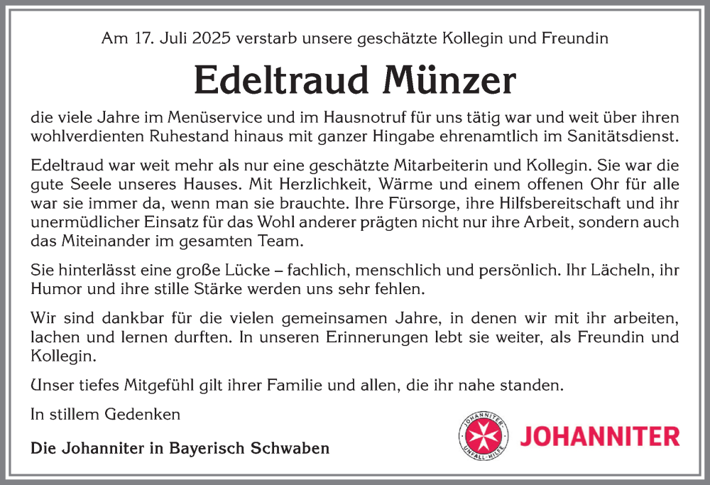  Traueranzeige für Edeltraud Münzer vom 02.08.2025 aus Allgäuer Zeitung,Kempten