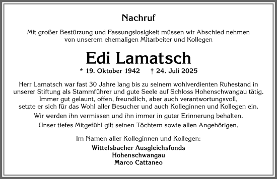 Traueranzeige von Edi Lamatsch von Allgäuer Zeitung, Füssen