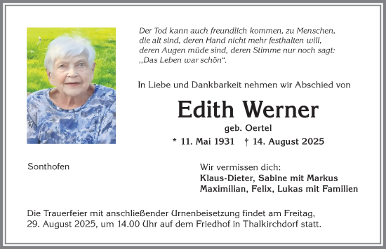 Traueranzeige von Edith Werner von Allgäuer Anzeigeblatt