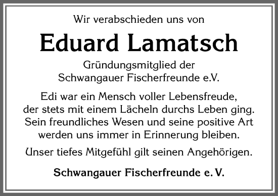 Traueranzeige von Eduard Lamatsch von Allgäuer Zeitung, Füssen