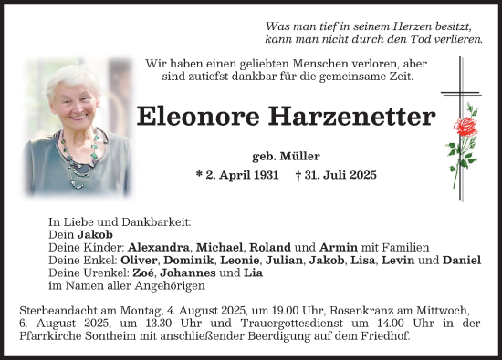 Traueranzeige von Eleonore Harzenetter von Memminger Zeitung