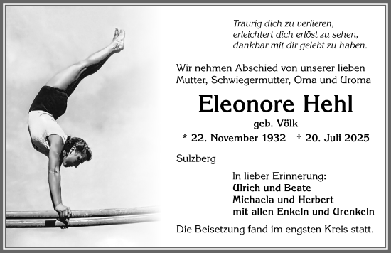 Traueranzeige von Eleonore Hehl von Allgäuer Zeitung,Kempten