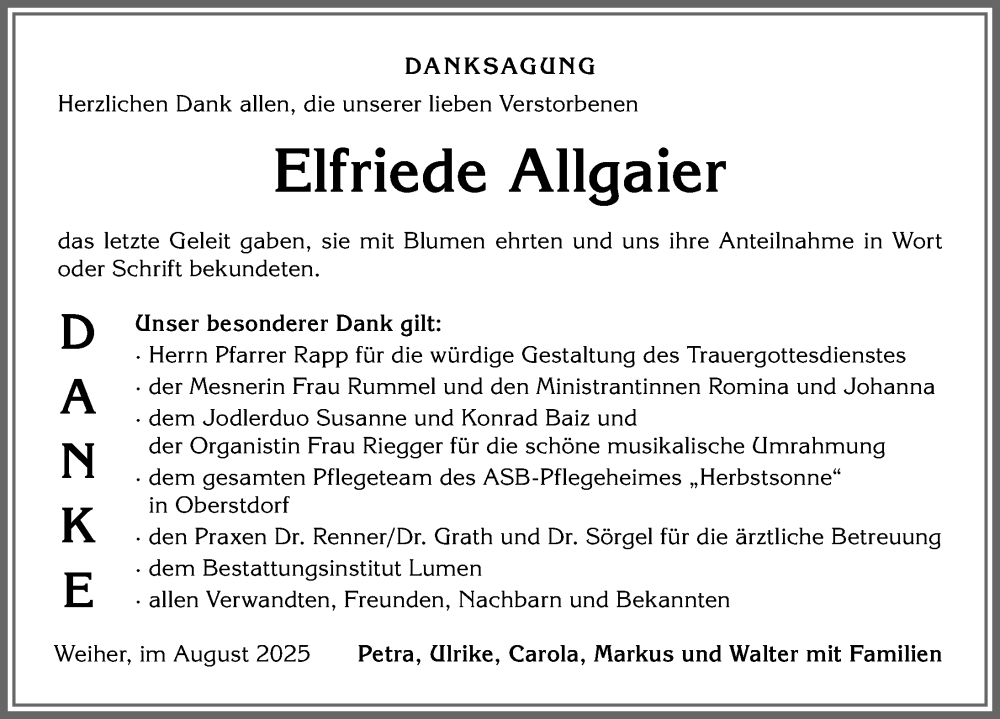  Traueranzeige für Elfriede Allgaier vom 05.08.2025 aus Allgäuer Anzeigeblatt