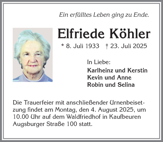 Traueranzeige von Elfriede Köhler von Allgäuer Zeitung,Kempten