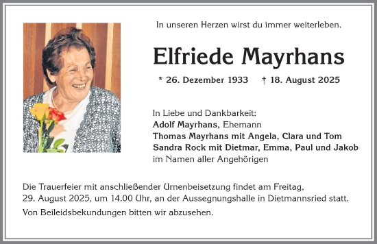 Traueranzeige von Elfriede Mayrhans von Allgäuer Zeitung,Kempten
