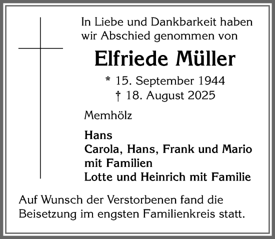 Traueranzeige von Elfriede Müller von Allgäuer Zeitung,Kempten