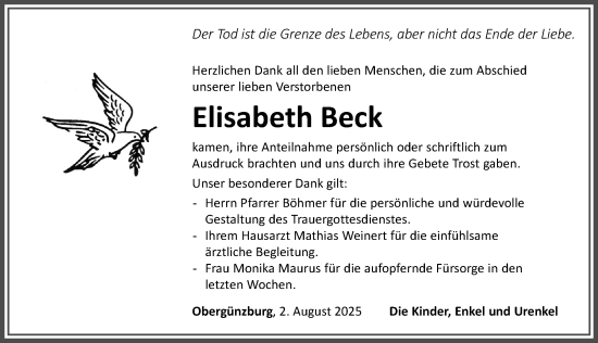 Traueranzeige von Elisabeth Beck von Allgäuer Zeitung, Marktoberdorf