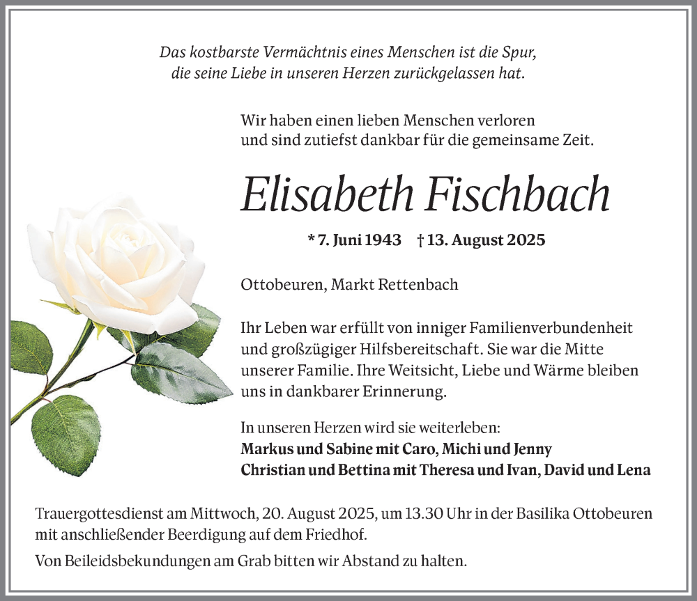  Traueranzeige für Elisabeth Fischbach vom 19.08.2025 aus Memminger Zeitung