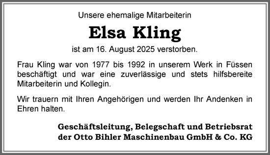 Traueranzeige von Elsa Kling von Allgäuer Zeitung, Füssen
