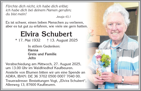 Traueranzeige von Elvira Schubert von Allgäuer Zeitung, Kaufbeuren/Buchloe