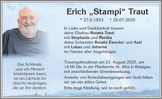 Traueranzeige von Erich Traut von Augsburger Allgemeine