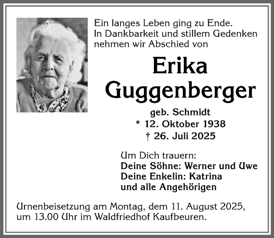 Traueranzeige von Erika Guggenberger von Allgäuer Zeitung, Kaufbeuren/Buchloe