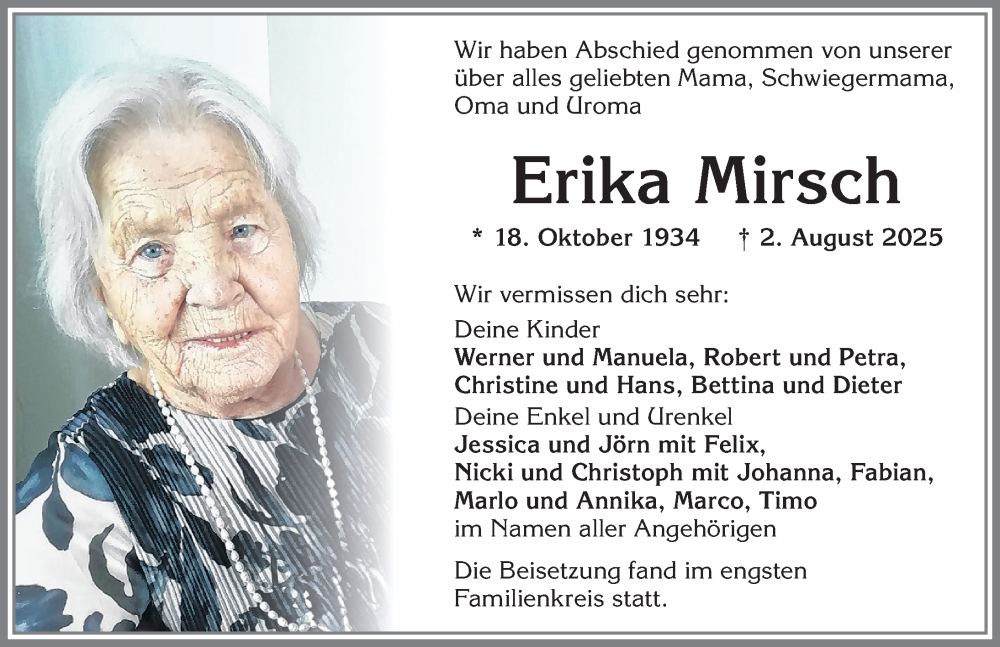  Traueranzeige für Erika Mirsch vom 23.08.2025 aus Allgäuer Zeitung,Kempten