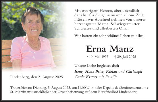 Traueranzeige von Erna Manz von Der Westallgäuer