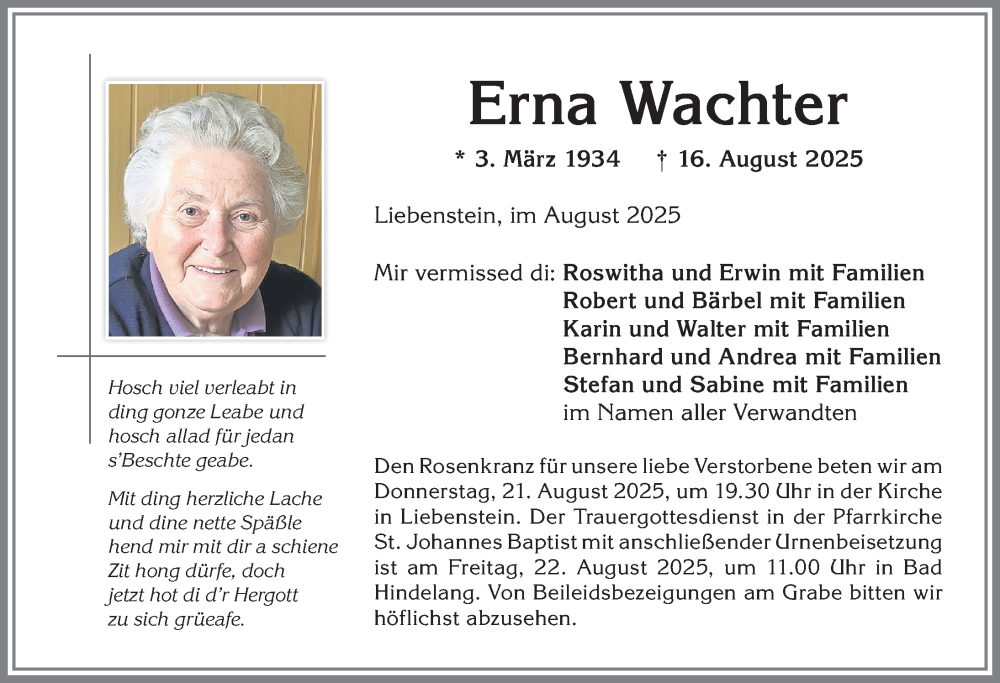  Traueranzeige für Erna Wachter vom 20.08.2025 aus Allgäuer Anzeigeblatt