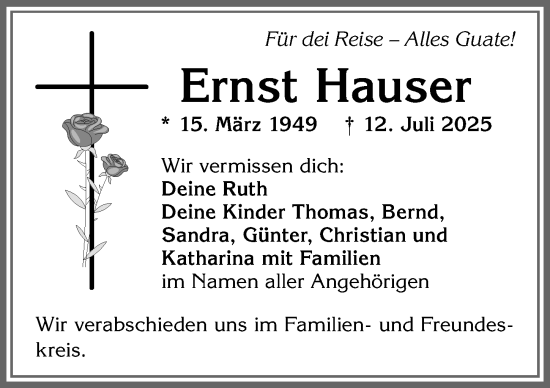 Traueranzeige von Ernst Hauser von Allgäuer Zeitung,Kempten
