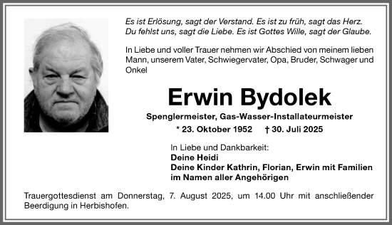 Traueranzeige von Erwin Bydolek von Memminger Zeitung
