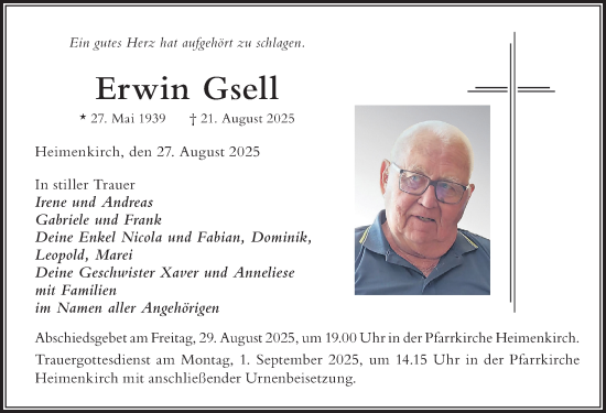 Traueranzeige von Erwin Gsell von Der Westallgäuer