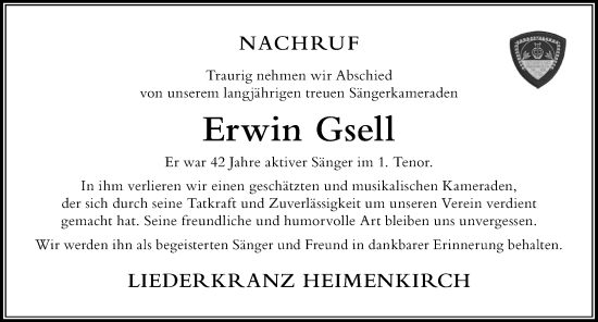 Traueranzeige von Erwin Gsell von Der Westallgäuer