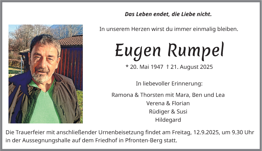 Traueranzeige für Eugen Rumpel vom 30.08.2025 aus Allgäuer Zeitung, Füssen