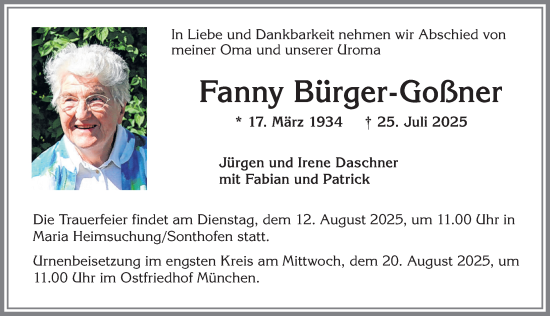 Traueranzeige von Fanny Bürger-Gossner von Allgäuer Anzeigeblatt