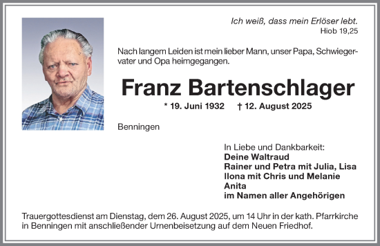 Traueranzeige von Franz Bartenschlager von Memminger Zeitung