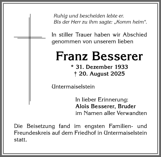Traueranzeige von Franz Besserer von Allgäuer Anzeigeblatt