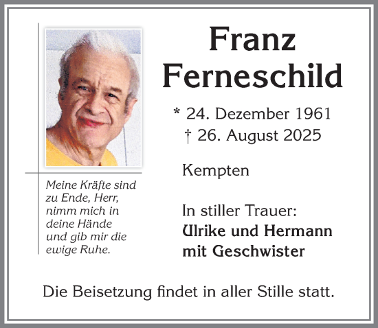 Traueranzeige von Franz Ferneschild von Allgäuer Zeitung,Kempten