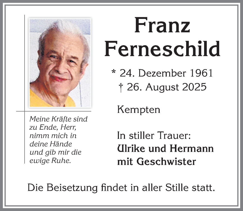  Traueranzeige für Franz Ferneschild vom 30.08.2025 aus Allgäuer Zeitung,Kempten