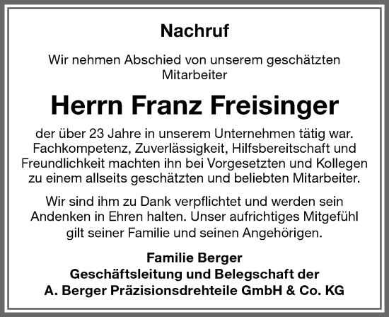 Traueranzeige von Franz Freisinger von Memminger Zeitung