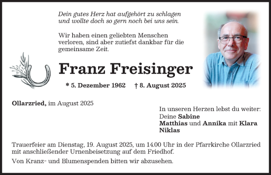 Traueranzeige von Franz Freisinger von Memminger Zeitung