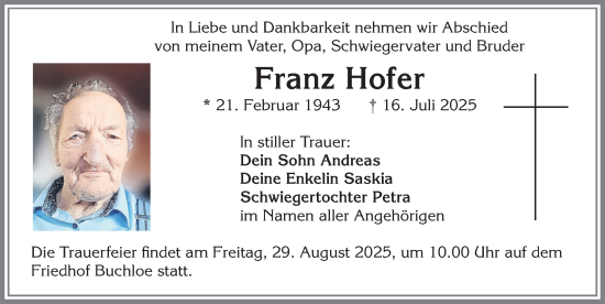 Traueranzeige von Franz Hofer von Allgäuer Zeitung, Kaufbeuren/Buchloe