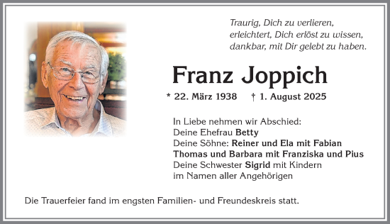 Traueranzeige von Franz Joppich von Allgäuer Zeitung,Kempten