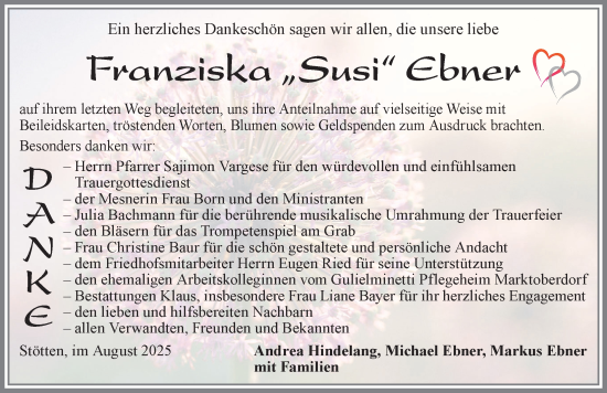 Traueranzeige von Franziska Ebner von Allgäuer Zeitung, Marktoberdorf