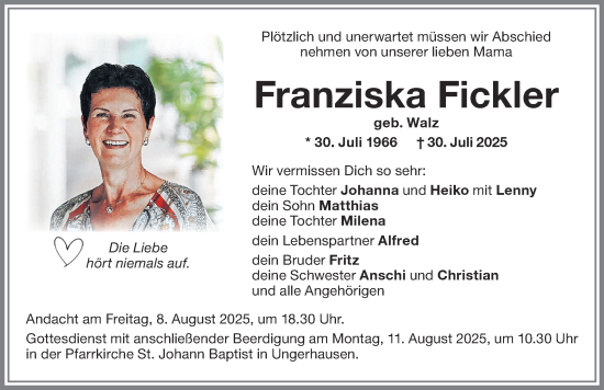 Traueranzeige von Franziska Fickler von Memminger Zeitung
