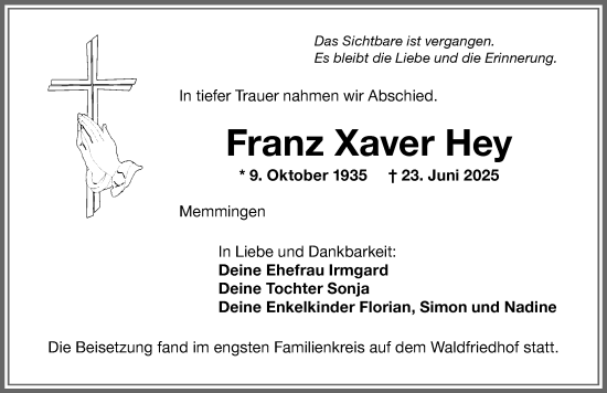 Traueranzeige von Franz Xaver Hey von Memminger Zeitung