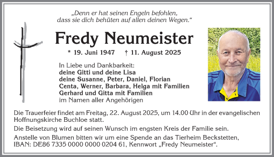 Traueranzeige von Fredy Neumeister von Allgäuer Zeitung, Kaufbeuren/Buchloe