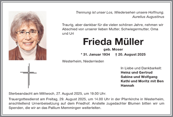 Traueranzeige von Frieda Müller von Memminger Zeitung