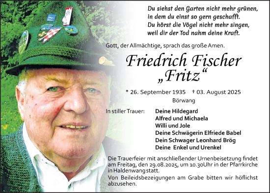 Traueranzeige von Friedrich Fischer von Allgäuer Zeitung,Kempten