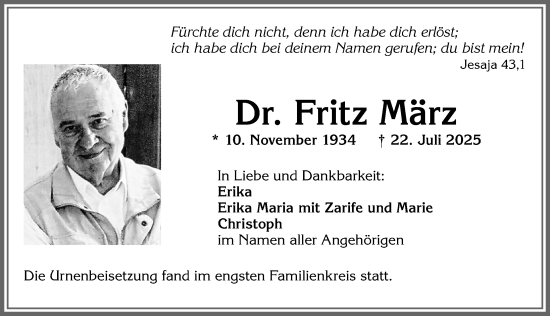 Traueranzeige von Fritz März von Allgäuer Zeitung, Kaufbeuren/Buchloe