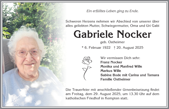 Traueranzeige von Gabriele Nocker von Allgäuer Zeitung,Kempten