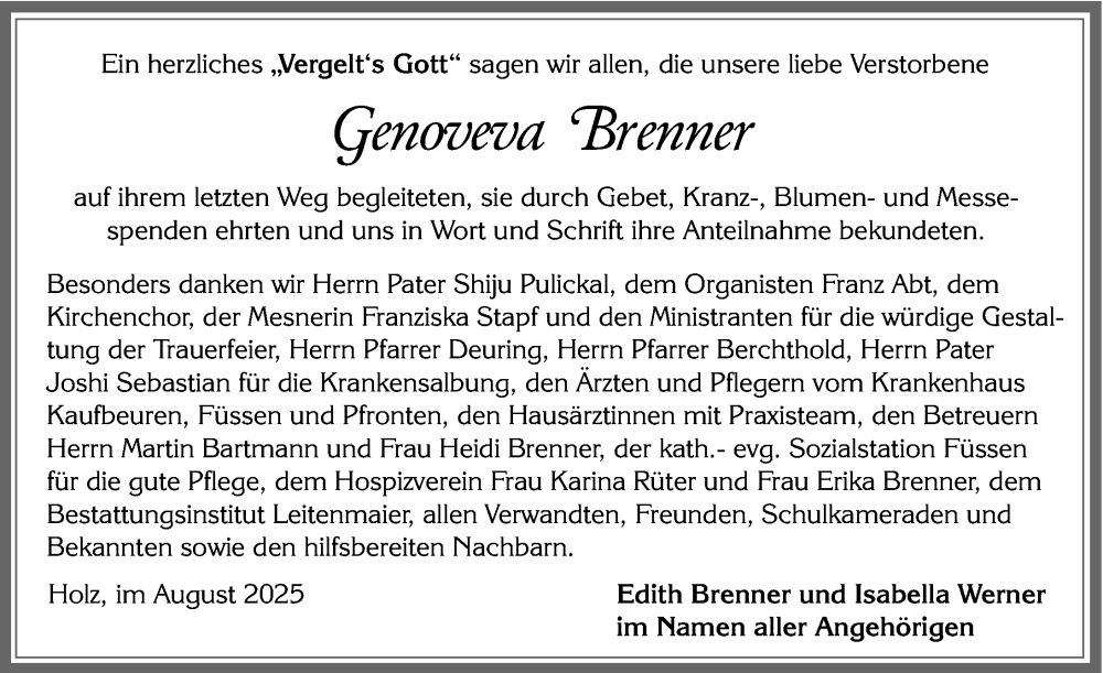  Traueranzeige für Genoveva Brenner vom 14.08.2025 aus Allgäuer Zeitung, Füssen